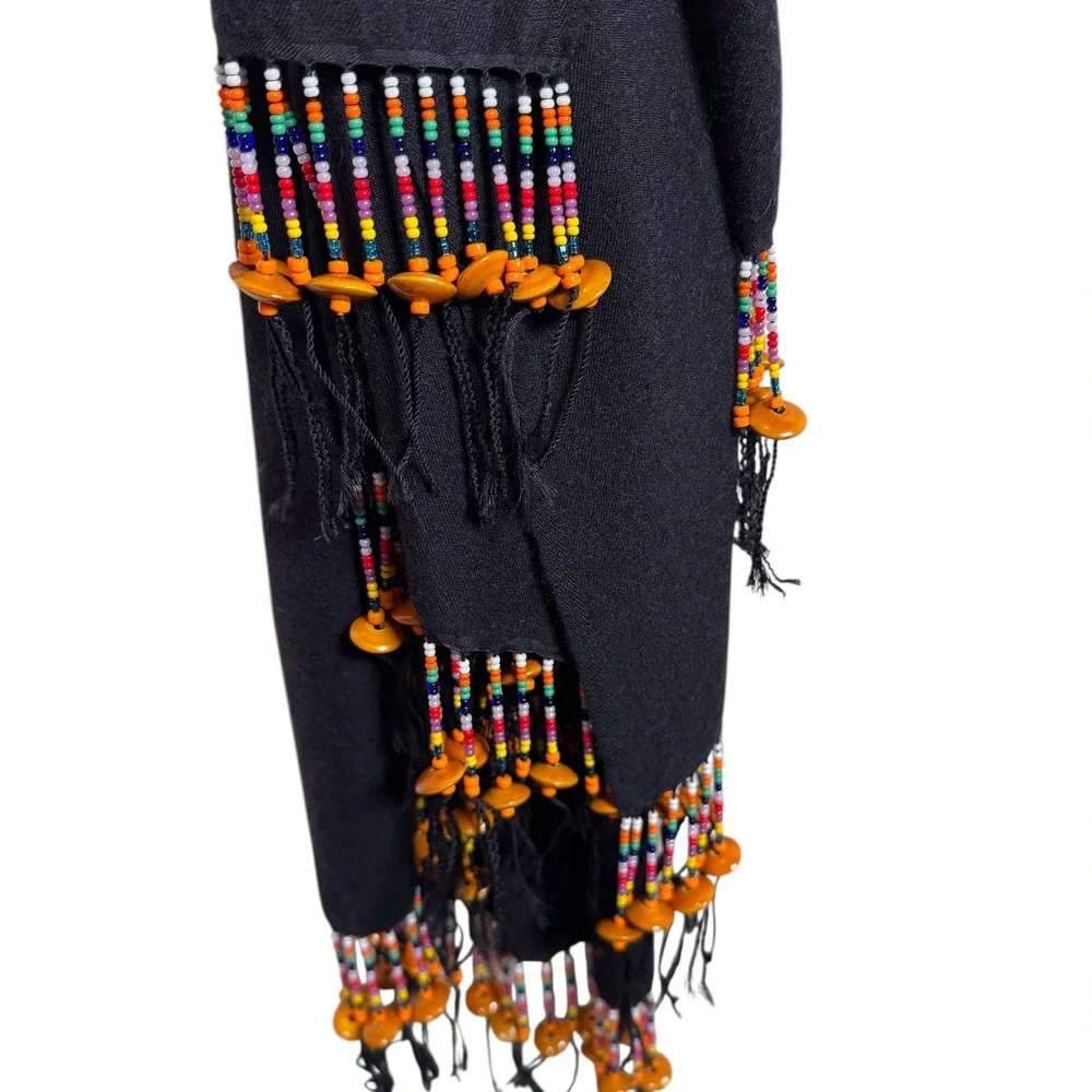Black Scarf with Colorful Beaded Fringe Boho Bohemian Women's Shawl Wrap 78 x 36